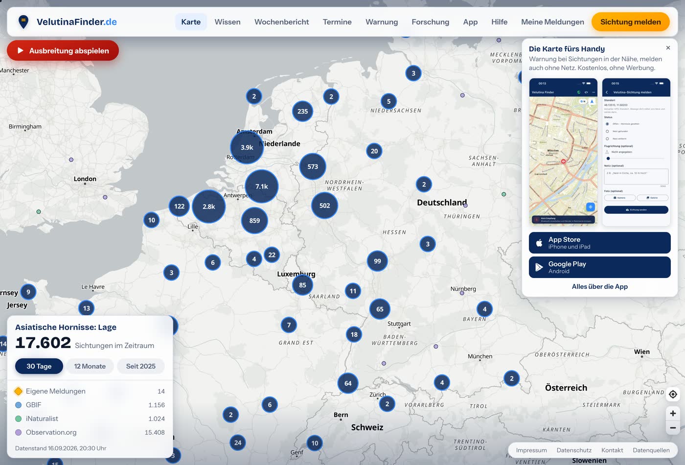 Karte von VelutinaFinder mit gruppierten Sichtungen über Deutschland, den Niederlanden, Belgien und Frankreich, dazu die Auswertung nach Datenquelle