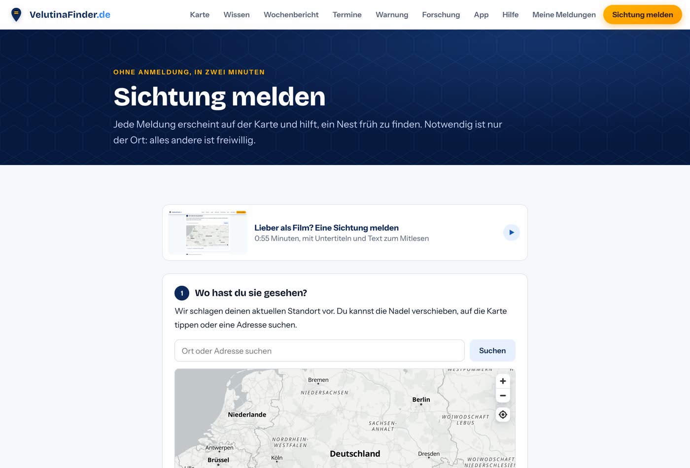 Meldeformular von VelutinaFinder: Ort auf der Karte setzen, Status wählen, Foto hinzufügen, absenden