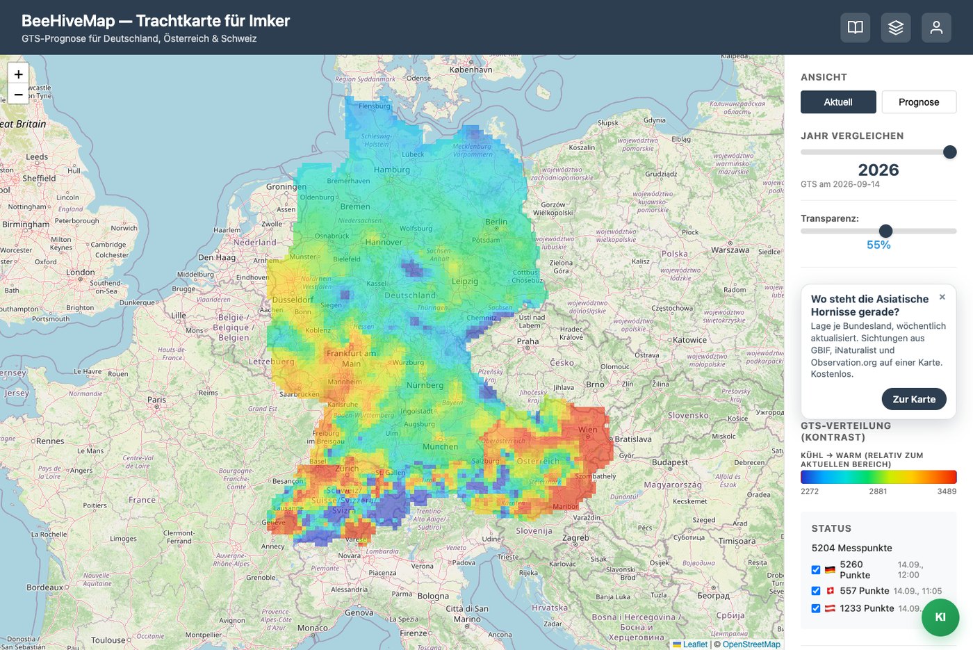 BeeHiveMap: farbige GTS-Karte über Deutschland, Österreich und der Schweiz mit Legende und Statusanzeige