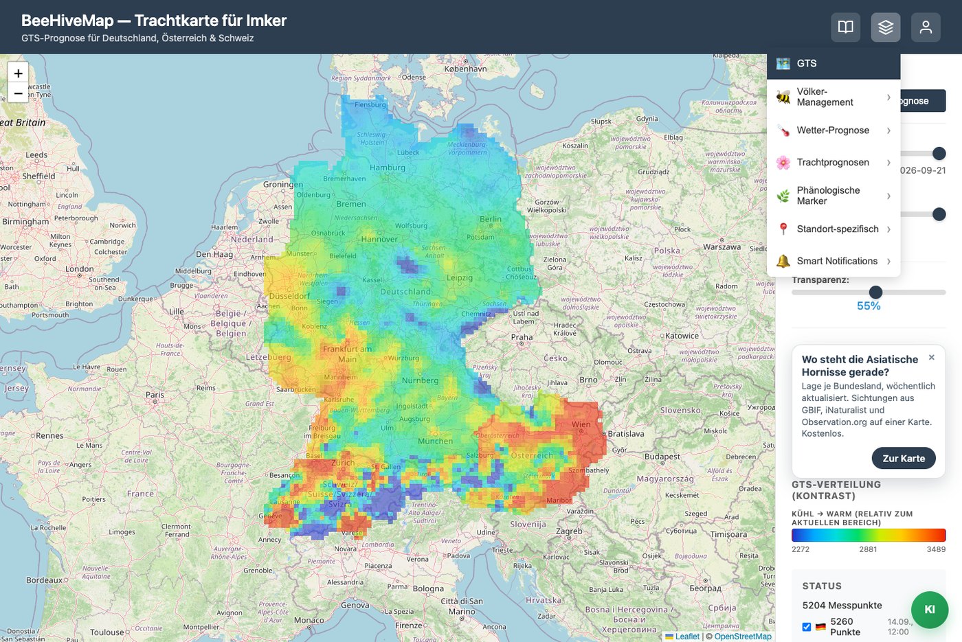 Auswahlmenü der Zusatz-Layer in BeeHiveMap: GTS, Völker-Management, Wetter-Prognose, Trachtprognosen, Phänologische Marker, Standort-spezifisch, Smart Notifications